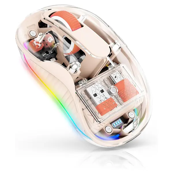 Beautiful Transparent Wireless Mouse, Dual Bluetooth & 2.4GHz for Multi Device, USB-C Receiver Ideal for MacBook/Laptops, Rechargeable, Cool LED - Cream