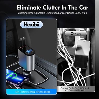 Hexibii 4 in 1 Fast Car Phone Charger, Retractable Car Charger, 120W, Retractable Cables (2.6Ft) and 2 USB Ports Car Charger Adapter, Compatible with iPhone 15/15 Pro Max/14 Pro Max/13/12/11,Galaxy S23/22,Pixel