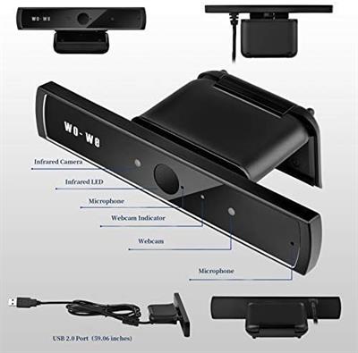 wo-we Windows Hello Face Recognition Webcam for Fast and Anti-Hacking Connection with Windows 10, Business IR Webcam with Dual Microphone Used for Video Conference, Streaming, Recording - RGB 720 Black