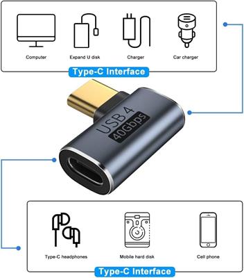 USB C Adapter 40Gbps (2 Pack), USB C Male to Female Adapter Right Angle USB 4.0 Type C Adapter 