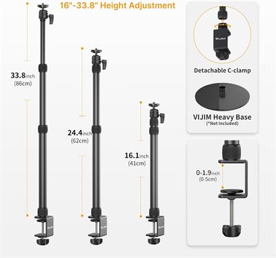 PICTRON LS11 Camera Mount Desk Stand with Auxiliary Holding Arm, Flexible Overhead Camera Mount, Webcam Table C-Clamp Multi Mount for Photography Videography Live Stream
