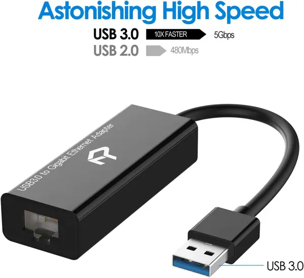 Rankie USB Network Adapter, USB 3.0 to RJ45 Gigabit Ethernet Internet Adapter, Black