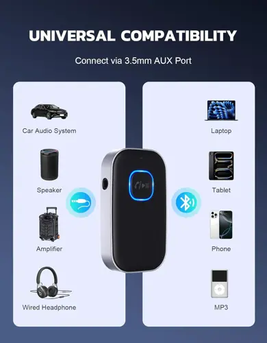 COMSOON J22 Bluetooth Receiver for Car, Noise Cancelling 3.5mm AUX Bluetooth Car Adapter, Wireless Audio Receiver for Home Stereo/Wired Headphones, Hands-Free Call, 16H Battery Life - Black+Silver