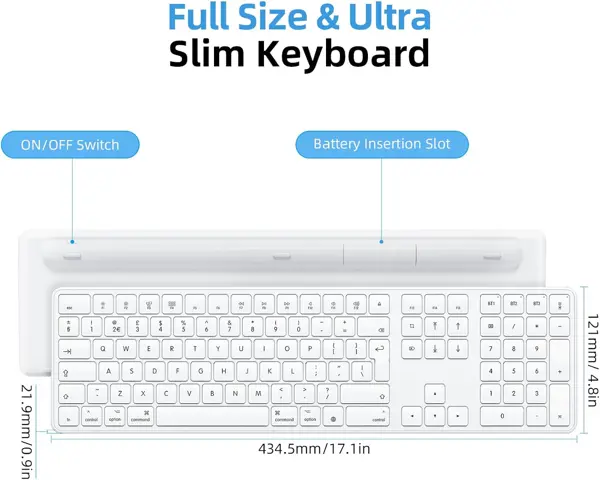 OMOTON KB515 Full-sized Wireless Keyboard for Apple MacBook Pro/Air, iMac, iMac Pro, Mac Mini/Pro, Battery-powered, Multi-Device (White)