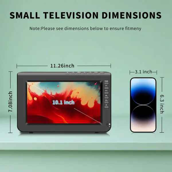 Portable TV, 10.1 inch 720P IPS Mini TV with T2 Digital Tuner and Rechargeable Battery and HDMI, USB, Input and AC/DC-12V Calbe Car, Suitable for Kitchen, Car and Outdoor
