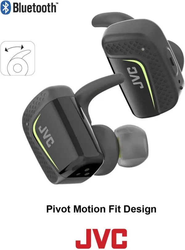 JVC True Wireless Earbuds for Sports & Fitness, Sweat/Water Proof IPX5, Bluetooth Connectivity, Pivot Motion Fit, 3 Point Support Structure, 3+6 Hours Battery Life - HAET90BTB (Black)