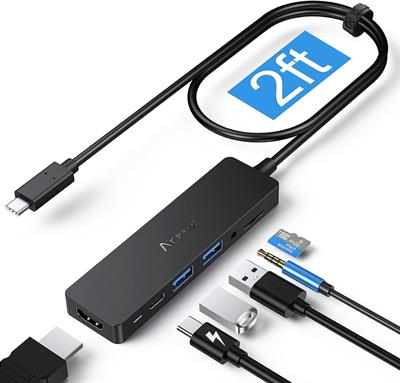 USB C Hub, Aceele 6 in 1 USB C to HDMI Multiport Adapter, 2ft Extended Cable USB C Dongle with 4K HDMI, 2 USB 3.0, 100W PD, 3.5mm Jack, TF Card Reader, for MacBook Pro/XPS and Other Type C Devices