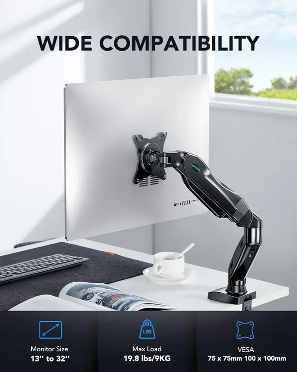 HUANUO HNSS6 Single Monitor Mount, 13 to 32 Inch Monitor Arm, Adjustable Monitor Stand, Vesa Mount with Clamp and Grommet Base - Fits 4.4 to 19.8lbs LCD Computer Monitors