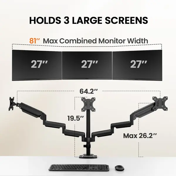 ErGear Triple Monitor Mount for 13-27 inch Screens, Premium Aluminum Triple Monitors Stand up to 17.6 lbs, Sturdy 3 Monitor Desk Mount with Swivel, Tilt, Rotation, Max VESA 100x100mm (Used)