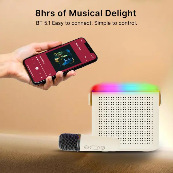 Mini Bluetooth Speaker, Wireless Karaoke Mic, 8Hrs Playtime, Vivid RGB Lights, Voice Effects, Multi-Play Modes BT5.1/TF Card & Type-C Charging (White)