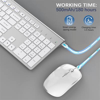 JOYACCESS Wireless Keyboard and Mouse e Combo with 500mAh Batteries,Portable Slim,Reliable 2.4Ghz,Silent Ergonomic Mouse for PC/Laptop/Smart TV/Gaming-White Silver