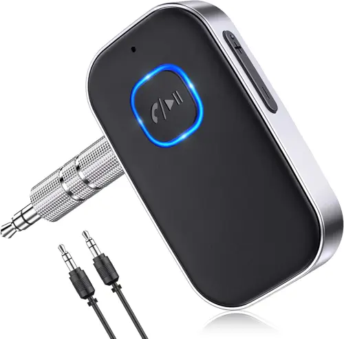 COMSOON J22 Bluetooth Receiver for Car, Noise Cancelling 3.5mm AUX Bluetooth Car Adapter, Wireless Audio Receiver for Home Stereo/Wired Headphones, Hands-Free Call, 16H Battery Life - Black+Silver