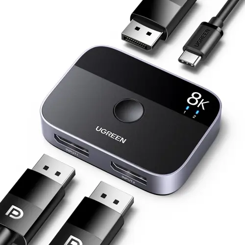 UGREEN DisplayPort Switch 8K DP 1.4 Bidirectional Display Port Splitter 2 in 1 Out Supports 8K@30Hz 4K@240Hz Free-Sync G-sync Compatible with PC Host Monitor Laptop with 1 DP Cable and 1 USB-C Cable