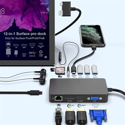 Surface Pro Dock for Surface Pro 4/Pro 5/Pro 6 USB Hub Docking Station with Gigabit Ethernet, 4K HDMI VGA DP Display, 3xUSB 3.0, Audio Out, USB C, SD/TF Card Slot Combo Dock Only for Surface Pro 4/5/6