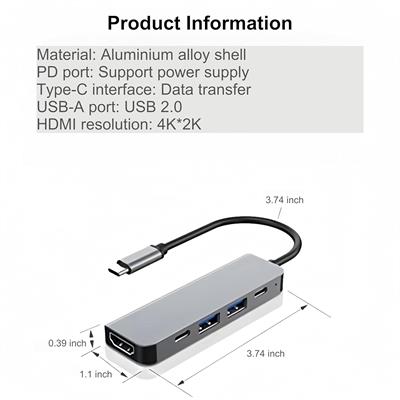 USB C Hub 5 in 1 Extension hub, USB-c Interface Multifunction Adapter with 4K HDMI, 2 USB 3.0 Ports and 2 USB-c, Compatible with Laptop, MacBook, iPad, Mac Mini and More Type C Devices