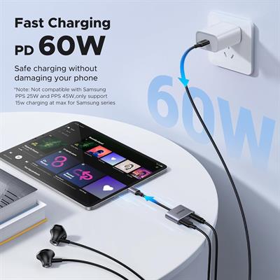 UGREEN USB C to 3.5mm Headphone and Charger Adapter 2 in 1 Type C to Aux Audio Jack with PD 60W Fast Charging Dongle for Headphone Earbud Compatible with Samsung S25/24 Ultra iPad Pro Air
