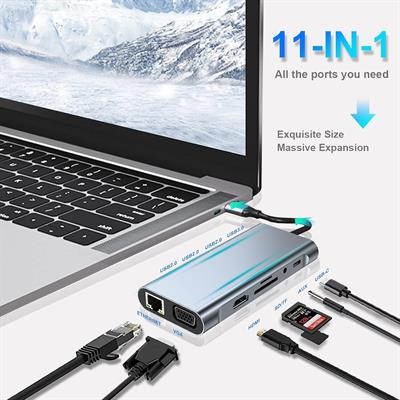 USB C HUB  11 in 1 Dongle with 4K HDMI, VGA, Type C PD, USB3.0, RJ45 Ethernet, SD/TF Card Reader, 3.5mm AUX, MacBook Pro/Air, Other Type C Laptops