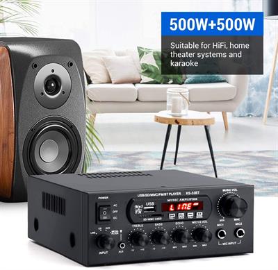 KS-33BT 500W+500W 2CH Bluetooth Power Amplifier, 2xMic Input Digital Audio Player Home Stereo HIFI USB Memory Card Aux FM Amplifier