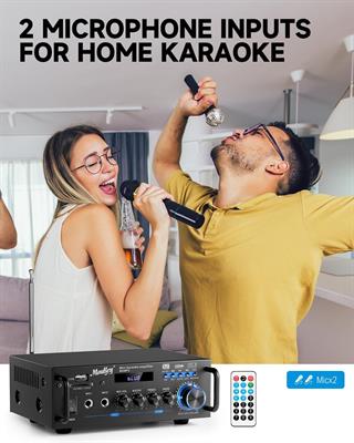 Moukey 2.0 Channel Stereo Bluetooth 5.0 Karaoke Amplifier, 300W Audio Stereo Receiver with RCA, USB, SD, 2 Mic Inputs, FM Radio, MAMP3
