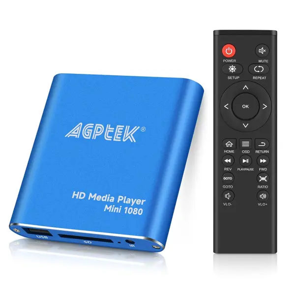 AGPTEK Mini Full HD 1080P Digital Media Player with Remote Control for MP3, WMA, OGG, AAC, FLAC, APE, AC3, DTS, ATRA Supports HDMI CVBS & YPbPr Video Output