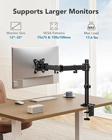 HUANUO HNCM15 Single Monitor Mount is designed for 13"–32" monitors and supports up to 17.6 lbs (8kg).