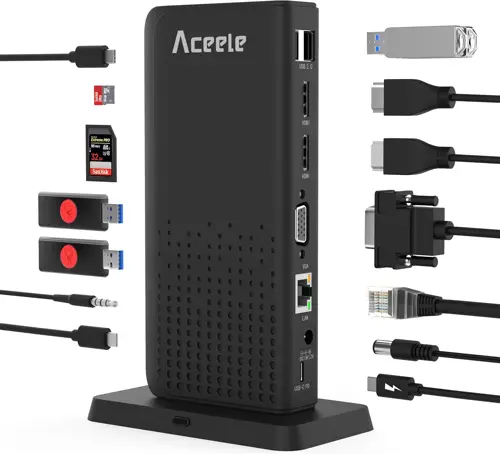 Aceele Triple Display Docking Station USB C 15 in 1 Hub USB C SD/TF, HDMI, VGA, LAN, Audio, 100W Pd, Multiport Adapter for MacBook Pro/air, Dell XPS, HP, Surface and Lenovo