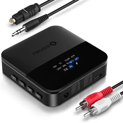 SONRU Bluetooth 5.0 Transmitter Receiver, Bluetooth Audio Adapter Digital Optical TOSLINK RCA 3.5mm Audio Cable for TV/Home Stereo System Low Latency