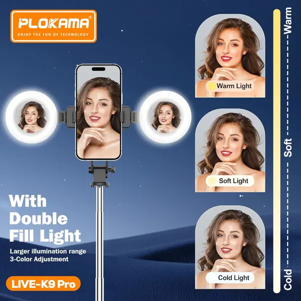 PLOKAMA Live-K9 PRO Tripod Stand, 170cm Height, Bluetooth Remote, LED Fill Light, Compatible with iPhone and Android Smartphones, Black