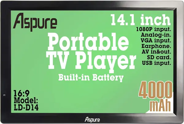 LEADSTAR 14 Inch Portable Digital ATSC TFT HD Screen Freeview LED TV for Car, Caravan, Camping, Outdoor or Kitchen. Built-in Battery Television/Monitor with Multimedia Player Support USB Card