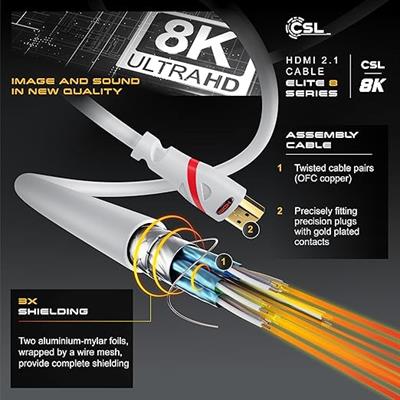 CSL - 8k / 4k HDMI Cable 2.1/2.0 2m - 8K @ 60Hz - 4K @ 120Hz - 48 Gbit/s - 3D - Ultra High Speed with Ethernet - TV Blu-ray PS5 Xbox Series X Switch - white - 3 metres