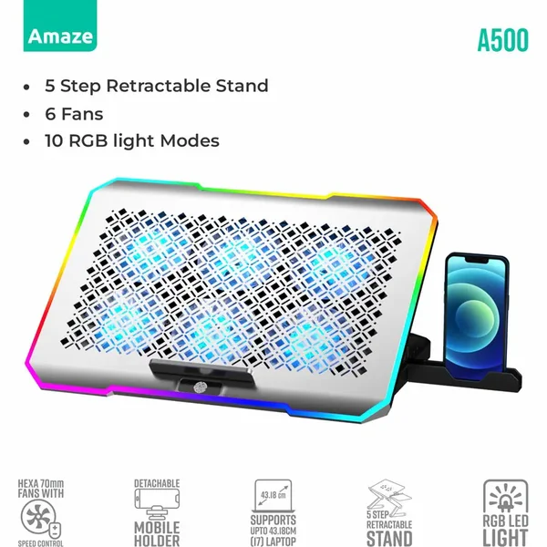 Amaze A500 Laptop RGB Cooling Stand with 6x70mm Fans, 5-Step Retractable, 10 RGB Modes
