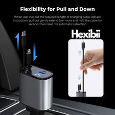 Hexibii 4 in 1 Fast Car Phone Charger, Retractable Car Charger, 120W, Retractable Cables (2.6Ft) and 2 USB Ports Car Charger Adapter, Compatible with iPhone 15/15 Pro Max/14 Pro Max/13/12/11,Galaxy S23/22,Pixel
