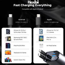 Hexibii 4 in 1 Fast Car Phone Charger, Retractable Car Charger, 120W, Retractable Cables (2.6Ft) and 2 USB Ports Car Charger Adapter, Compatible with iPhone 15/15 Pro Max/14 Pro Max/13/12/11,Galaxy S23/22,Pixel