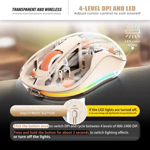 Beautiful Transparent Wireless Mouse, Dual Bluetooth & 2.4GHz for Multi Device, USB-C Receiver Ideal for MacBook/Laptops, Rechargeable, Cool LED - Cream