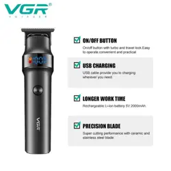 VGR V-987 Professional Digital Display Turbo function 7000RPM Zero Gapped Cordless Pro Self Haircut Hair Clipper Beard trimmer Stainless steel & Ceramic Blade USB cable 3 Guide Comb Runtime 400 min