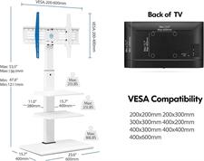 FITUEYES FT-S3602MW Floor TV Stand with IRON BASE 3 Shelves for 32 to 65 Inch Screens Swivel Tilt Adjustable Height Hold 40kg Max VESA 600x400mm - White