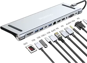Wowssyo 12-in-1 USB C Hub Docking Station, USB C Adapter for 3 screens 2 HDTV 4K, VGA, USB 3.0/2.0, USB C, SD/TF card reader, Ethernet, PD 100W, 3.5mm Audio for MacBook Pro/Air and Windows