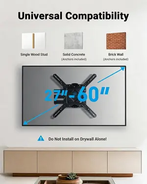 PERLESMITH PSSFK1 TV Wall Mount for 27-60 Inch Flat & Curved TVs, Single Stud TV Mount with Articulating Swivel Tilt - Wall Mount TV Bracket VESA 400x400mm up to 77 lbs, Perfect Center Design