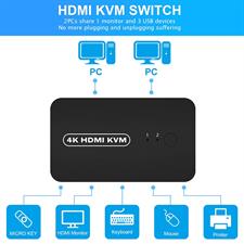 DGODRT HDMI USB KVM Switch 2 Port Selector Box for 2 Computers Share Keyboard Mouse Printer and 1 HD 4K Monitor, 2 KVM Cables 