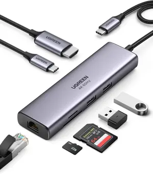 UGREEN Revodok 7 in 1 USB C Hub Gigabit Ethernet Adapter 4K@60Hz HDMI, 100W PD Charging, USB A Data Ports, SD/TF Card Reader Compatible with Mac M1, M2, M3, iPad, iPhone 15 Pro/Pro Max, Steam Deck