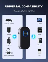 COMSOON J22 Bluetooth Receiver for Car, Noise Cancelling 3.5mm AUX Bluetooth Car Adapter, Wireless Audio Receiver for Home Stereo/Wired Headphones, Hands-Free Call, 16H Battery Life - Black+Silver