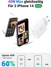 UGREEN 40W USB C Charger Double USB C Power Supply USB C Power Plug Supports 20W Compatible with iPhone 15 Pro Max, 14, 13, 12, HomePod Mini, iPad Pro, Watch 8, Galaxy S23, S22, Pixel, Redmi