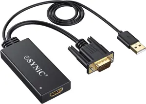 eSynic VGA to HDMI Converter with USB Audio Supports 1080P, Analog to Digital Adapter with 30cm VGA Cable and 1M USB to HDMI Video Audio 2CH Cable, Gold Plated Connector