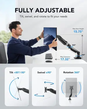 HUANUO HNSS6 Single Monitor Mount, 13 to 32 Inch Monitor Arm, Adjustable Monitor Stand, Vesa Mount with Clamp and Grommet Base - Fits 4.4 to 19.8lbs LCD Computer Monitors