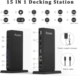 Aceele Triple Display Docking Station USB C 15 in 1 Hub USB C SD/TF, HDMI, VGA, LAN, Audio, 100W Pd, Multiport Adapter for MacBook Pro/air, Dell XPS, HP, Surface and Lenovo