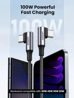 UGREEN USB C to USB C Cable Right Angle 100W Fast Charge 90 Degree Type C Power Data Lead Compatible with MacBook Pro/Air, iPad Pro 2025, iPhone Air/17/16, Galaxy S25/S24 Ultra, Pixel 9 (3M)