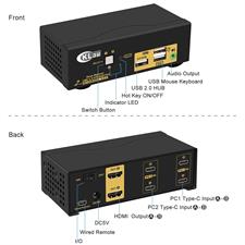 CKLau 2 Port USB-C KVM Switch 4Kx2K@60Hz, Dual Monitor USB Type-C KVM with Audio Output, Supports Keyboard Mouse Switching