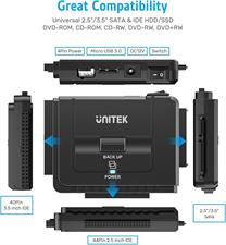 Unitek USB 3.0 to IDE and SATA Converter External Hard Drive Adapter Kit for Universal 2.5/3.5 HDD/SSD Hard Drive Disk, One Touch Backup Function, Included 12V/2A Power Adapter