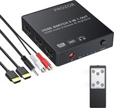 Prozor 3x1 HDMI Switch with Audio Extractor, 3 Port 4K HDMI Switcher HDMI Audio Converter, with IR Remote and 3.5mm Male to 2 RCA Female Stereo Audio Cable