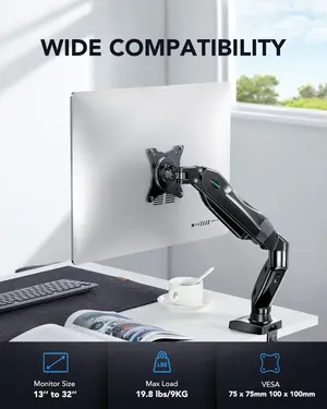 HUANUO HNSS6 Single Monitor Mount, 13 to 32 Inch Monitor Arm, Adjustable Monitor Stand, Vesa Mount with Clamp and Grommet Base - Fits 4.4 to 19.8lbs LCD Computer Monitors